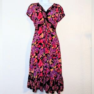 Colorful Floral VNeck Babydoll Midi Dress Cottage Garden Party Wedding Guest